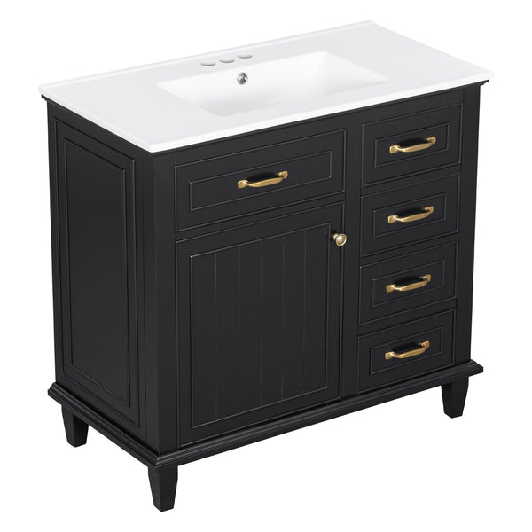 English Elm 36 Inch Bathroom Vanity With Ceramic Sink Top, Solid Wood Frame & Smart Storage Solutions For Style N725P336554B