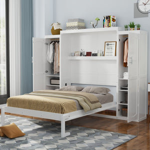 English Elm Queen Murphy Bed with 2 Wardrobes & Foldable Platform, Space-Saving White Queen Bedframe 650lbs N733S339767K