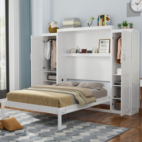 English Elm Queen Murphy Bed with 2 Wardrobes & Foldable Platform, Space-Saving White Queen Bedframe 650lbs N733S339767K