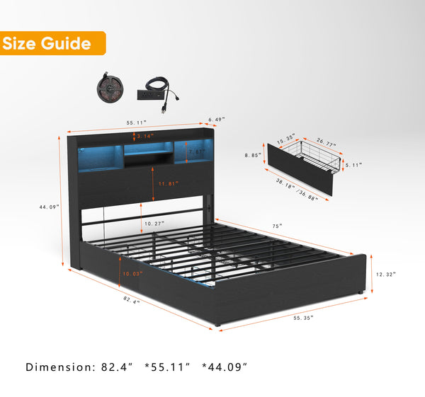 English Elm Full Bed Frame With 4 Storage Drawers, Led Charging Station, Quiet Design – Maximize Bedroom Style! W2129P387055