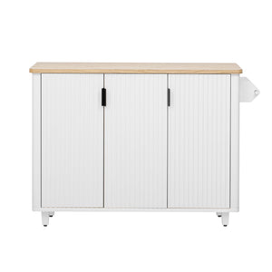 English Elm K&K 51" Fluted Kitchen Island with Waveform Panels, Drop Leaf, Rolling Cart with Towel Rack and Storage White N707P221446W