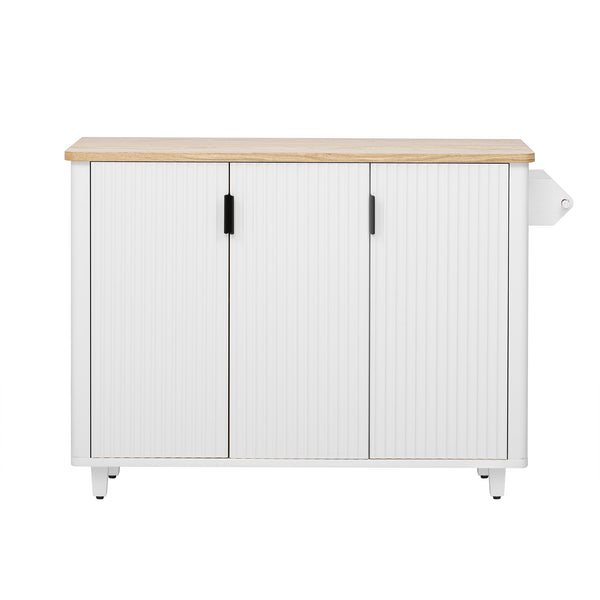 English Elm K&K 51" Fluted Kitchen Island with Waveform Panels, Drop Leaf, Rolling Cart with Towel Rack and Storage White N707P221446W