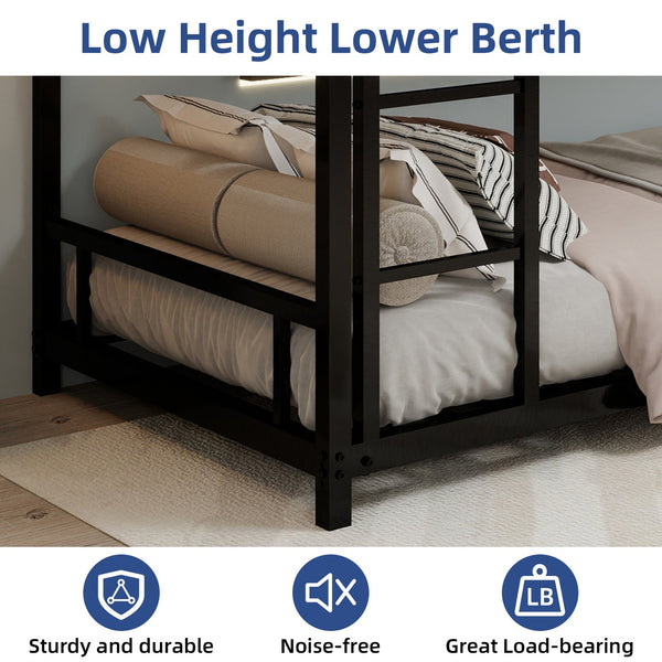 English Elm Metal Twin Over Twin Bunk Bed Heavy-Duty Sturdy Steel Frame with Noise-Reducing Slats & Guardrail Black W1935P235012