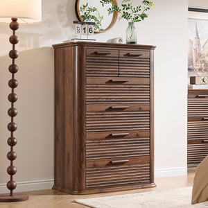 English Elm 6 Drawer Tall Fluted Chest with Waveform Fronts Slim Wooden Storage for Modern Bedroom T5326P425101