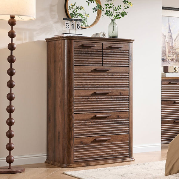 English Elm 6 Drawer Tall Fluted Chest with Waveform Fronts Slim Wooden Storage for Modern Bedroom T5326P425101