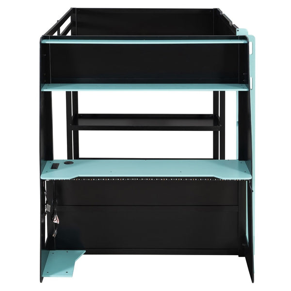 English Elm Full Size Gaming Loft Bed with Led Lighting Desk Shelves and Usb Charging Ports Black+Blue N820S00076C