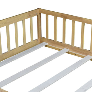 English Elm Twin Size Rubberwood Floor Bed with Safety Fence for Toddler Rooms Natural Finish W504P370533