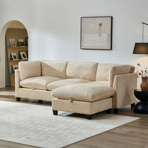 English Elm 96.5" L-shaped Chenille Sectional with Storage Ottoman Eucalyptus Frame Living Room Light Coffee W1097S00281