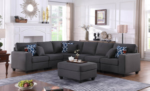 English Elm Cristiano 7 Piece Linen Sectional with Ottoman Cupholders and Reversible Layout B2749S00104