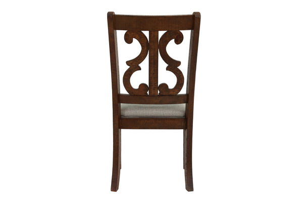 English Elm Oak Distressed 5pc Round Dining Set with Carved Cushioned Chairs and Server-Style Rustic Charm Oak 57 L x 57 W x 6 H B011S01666