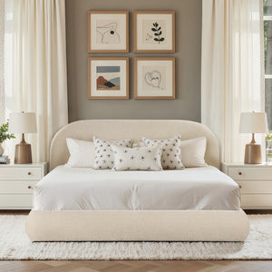 English Elm Jennifer Taylor Home - Archie Puffy Grounded Upholstered Platform Bed in Oatmeal Chenille — Arched Puffy Headboard, No-Box Spring Design, Durable Elegance (90") B2719P320241