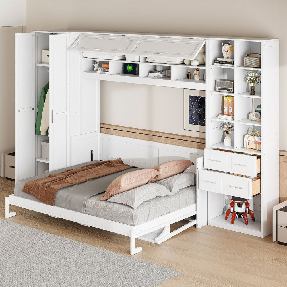 English Elm Queen Murphy Wall Bed Cabinet System with Wardrobe Drawers and Shelving in White Mdf LP000384AAK-1