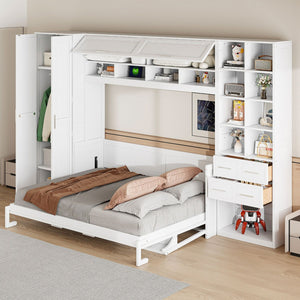 English Elm Queen Murphy Wall Bed Cabinet System with Wardrobe Drawers and Shelving in White Mdf LP000384AAK-1