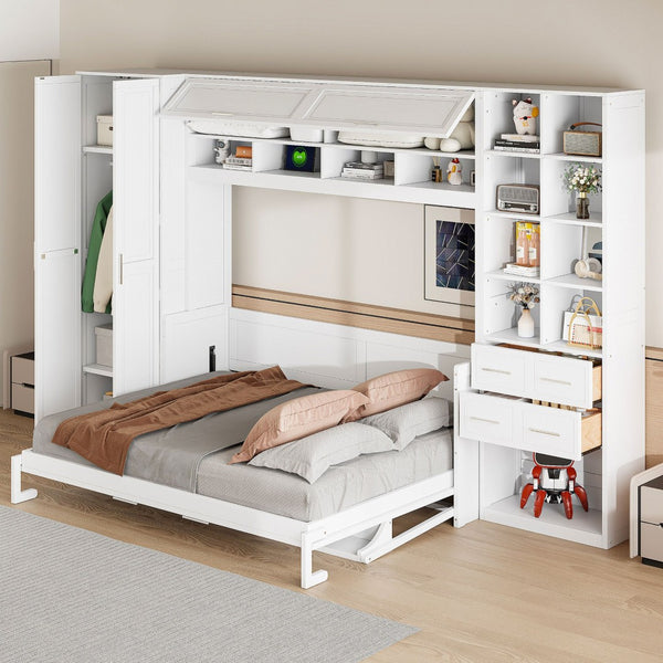 English Elm Queen Murphy Wall Bed Cabinet System with Wardrobe Drawers and Shelving in White Mdf LP000384AAK-1