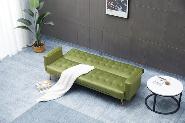 English Elm Sofa Bed Velvet Upholstered Convertible with Gold Metal Legs for Studio Spaces Army Green B205P246432
