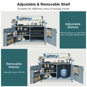 English Elm K&K 53.3" Outdoor Kitchen Island with 1.2" Stainless Top, Spacious Storage, Raised Shelf, Wheels Grey+Blue N707P250628G