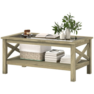 English Elm HOMCOM Modern Farmhouse Glass Coffee Table with Tempered Top, Lower Storage Shelf & X-Frame Design Gray W2225P229135