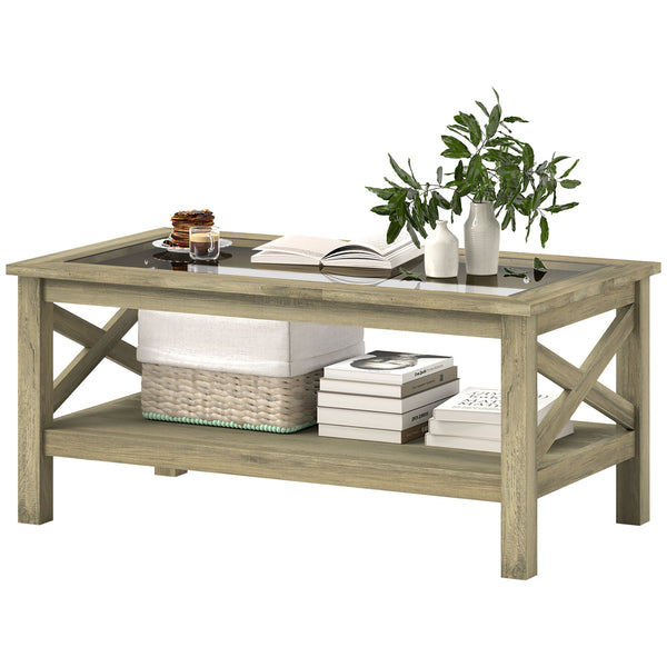 English Elm HOMCOM Modern Farmhouse Glass Coffee Table with Tempered Top, Lower Storage Shelf & X-Frame Design Gray W2225P229135