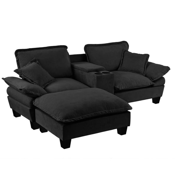 English Elm Modular Cloud Sofa Chenille L-shape with Storage Cup Holders and Usb for Living Room Black W3163S00109