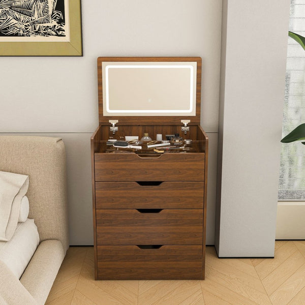 English Elm 3-in-1 Walnut Vanity Desk with Led Lighted Flip Mirror Stool Compact Bedroom Station W2699P404629