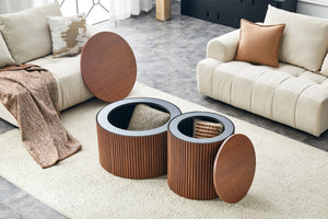 English Elm 2-piece Round Nesting Tables with Fluted Column Base Hidden Storage Oak Grain Finish Walnut W3875P396845