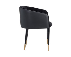 Sunpan Asher Dining Armchair - Modern Barrel Back Design with Black Steel Legs and Elegant Gold Foot Caps Abbington Black / Napa Black