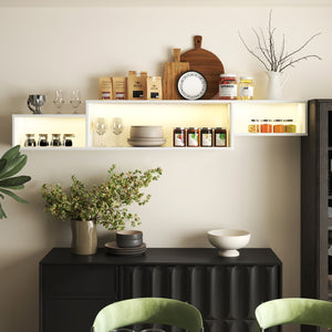 English Elm 65.35in Wall Mounted Floating TV Stand with 20 Color LEDs, Charging Station & Spacious Cable Management for Modern Entertainment White W331P242457