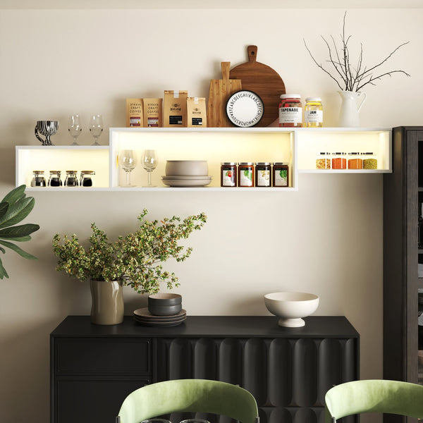 English Elm 65.35in Wall Mounted Floating TV Stand with 20 Color LEDs, Charging Station & Spacious Cable Management for Modern Entertainment White W331P242457