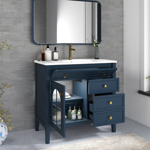 English Elm 35.6" Freestanding Bathroom Vanity with Roman Column Base and Ceramic Integrated Sink Blue W1801S00012