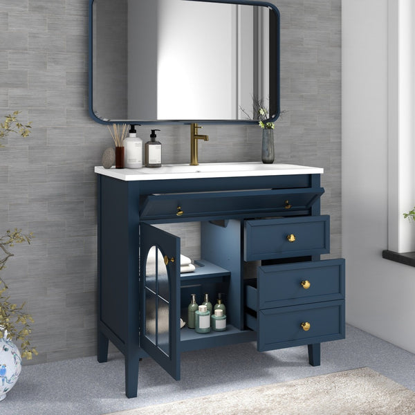 English Elm 35.6" Freestanding Bathroom Vanity with Roman Column Base and Ceramic Integrated Sink Blue W1801S00012