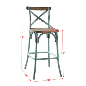 English Elm Antique Metal Frame Bar Chair with Wooden Seat and X Backrest, Vintage Dining Stool with Footrest Sky Blue 20.5 L x 44.5 W x 6.5 H B2741P325720