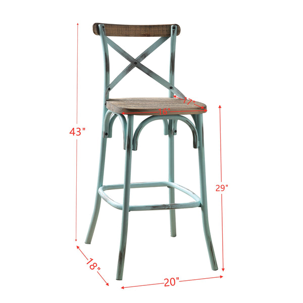 English Elm Antique Metal Frame Bar Chair with Wooden Seat and X Backrest, Vintage Dining Stool with Footrest Sky Blue 20.5 L x 44.5 W x 6.5 H B2741P325720