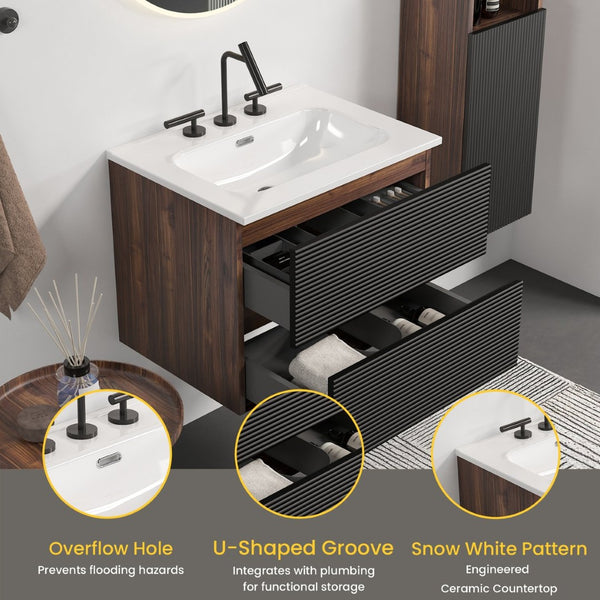 English Elm Gloria Floating Bathroom Vanity Walnut Black Ceramic Sink Soft Close Drawers W1865S00198