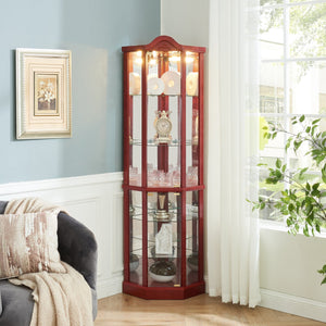 English Elm Lighted Glass Display Cabinet - Elegant Corner Curio With Adjustable Shelves & Integrated Lighting W1758P300136