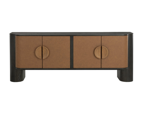 Sunpan Dresden Sideboard: Mid-century Modern Design With Smoke Grey Oak And Faux Leather Doors, Stylish Handles Grey Faux Leather ,Wood 111742