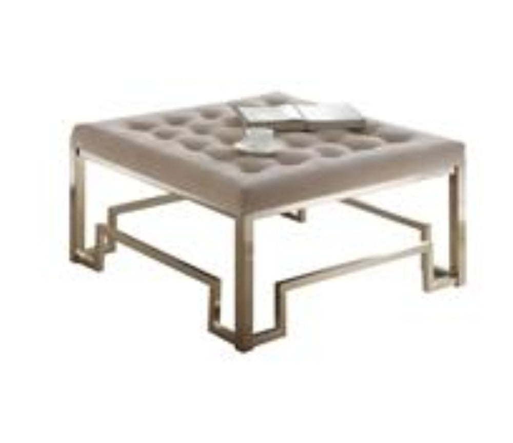 English Elm Damien Square Cocktail Ottoman Beige Upholstered Top Champagne Geometric Metal Base B2726P453249