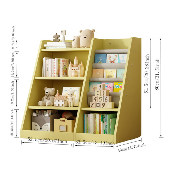 English Elm Yellow Toddler Wooden Bookcase with 4-Tier Sling Pockets Montessori Kids Storage Shelf for Playroom W2876P233539
