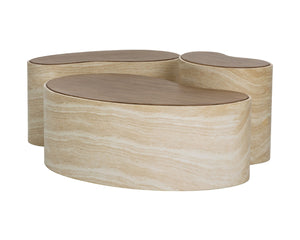 Sunpan ISHIKO Coffee Table - Sculptural Design with Warm Wood Top & Travertine Base for Modern Living Spaces 112578