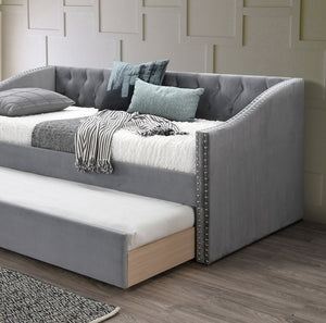 English Elm Contemporary Tufted Burlap Daybed with Pull Out Trundle and Nailhead Trim Detail B011S02043