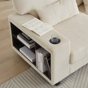 English Elm 102.75*102.75" L-Shaped Modular Sectional Sofa with Corduroy Upholstery, Storage Arm, Cup Holder, 5-Seat Convertible Lounge Beige W1926S00053