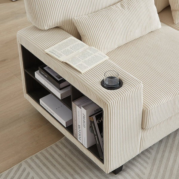 English Elm 102.75*102.75" L-Shaped Modular Sectional Sofa with Corduroy Upholstery, Storage Arm, Cup Holder, 5-Seat Convertible Lounge Beige W1926S00053