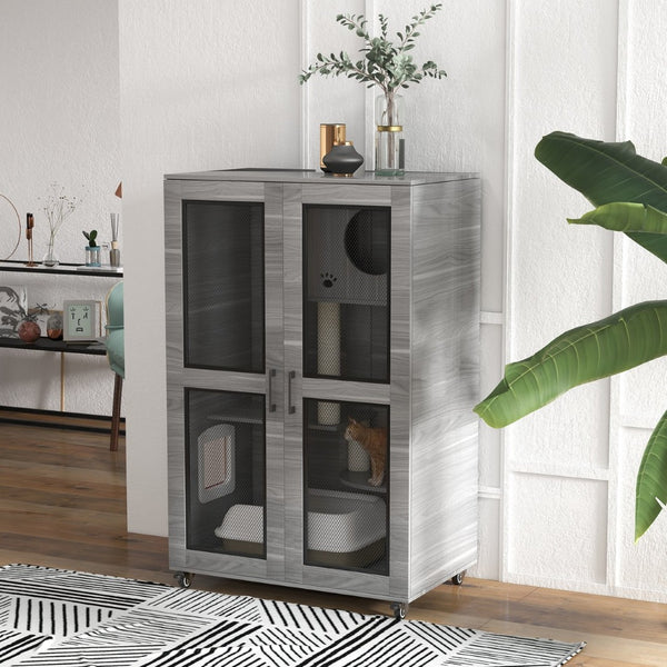 English Elm Pawhut Indoor Cat Enclosure Catio Villa with Scratching Posts Oak Furniture Style W2225P229157