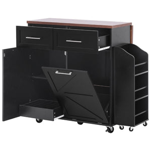 English Elm K&K 47.2" Farmhouse Kitchen Island with Drop Leaf, Removable Side Shelf, Trash Cabinet, Wheels Black N707P307296B