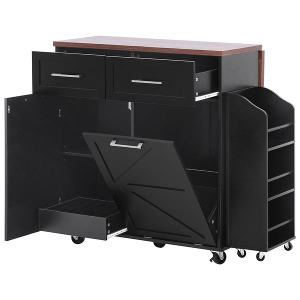 English Elm K&K 47.2" Farmhouse Kitchen Island with Drop Leaf, Removable Side Shelf, Trash Cabinet, Wheels Black N707P307296B