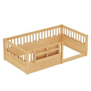 English Elm Twin Low Profile Kids Floor Bed Pine Wood Frame with Safety Rail and Built in Bookshelf Natural W1580P373137