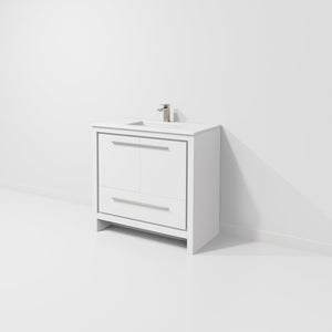 English Elm White Bath Vanity 36" With Quartz Top & Gun Metal Faucet - Modern Design, Organized Storage, Durable Finish B2731P259371-GIGA