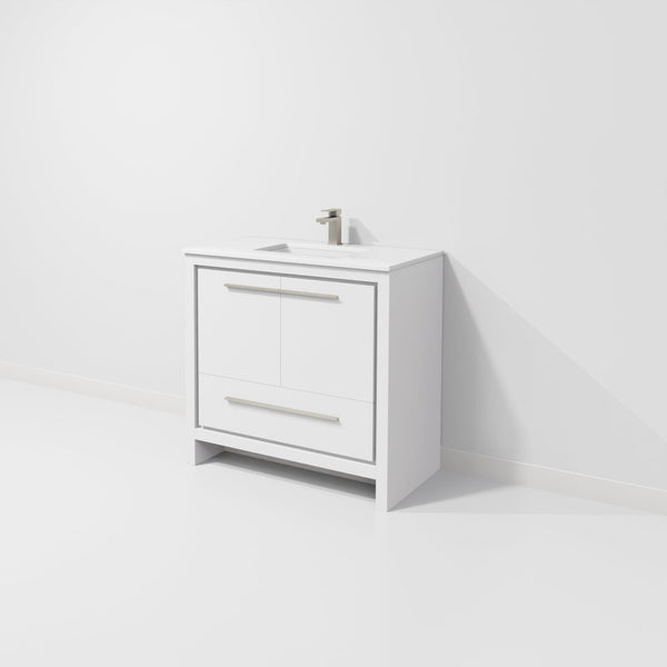English Elm White Bath Vanity 36" With Quartz Top & Gun Metal Faucet - Modern Design, Organized Storage, Durable Finish B2731P259371-GIGA
