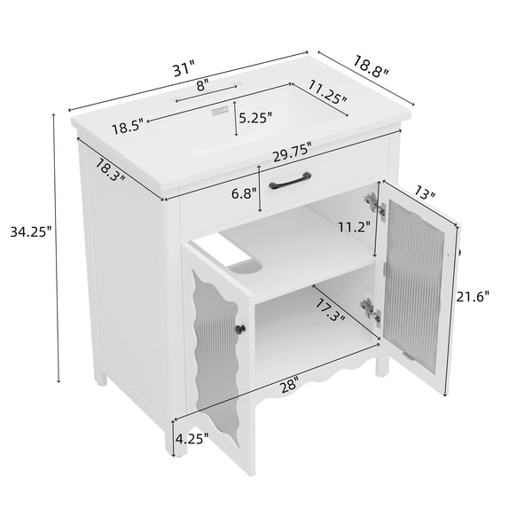 English Elm Christopher Knight Home® - 30 Inches Bathroom Vanity With Tempered Glass Doors, Space-Saving Design, White Rubber Wood Style N817P299499W