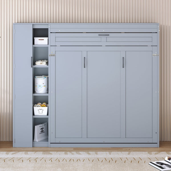 English Elm Queen Murphy Wall Bed with Led Lighting Open Shelves and Wardrobe Cabinet Storage Gray LP000899AAE-1