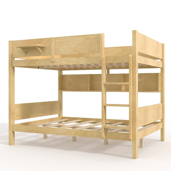 English Elm Queen Over Solid Pine Bunk Bed with Built in Shelves and Tray for Guest Rooms Natural W5305S00009